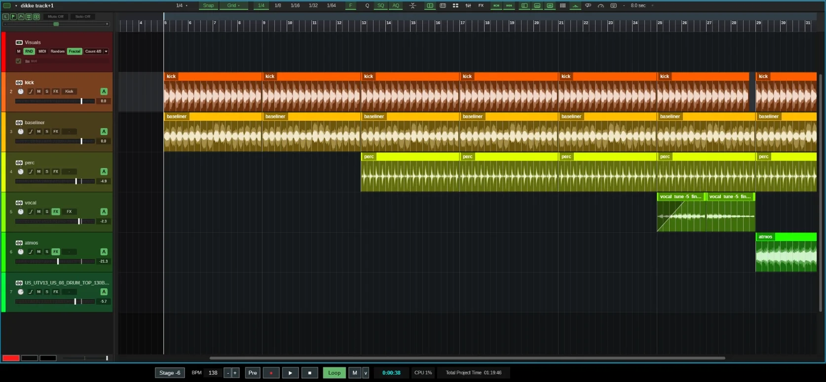 The BALAI arrangement view with colour-coded kick, bass, percussion, vocal and atmosphere tracks