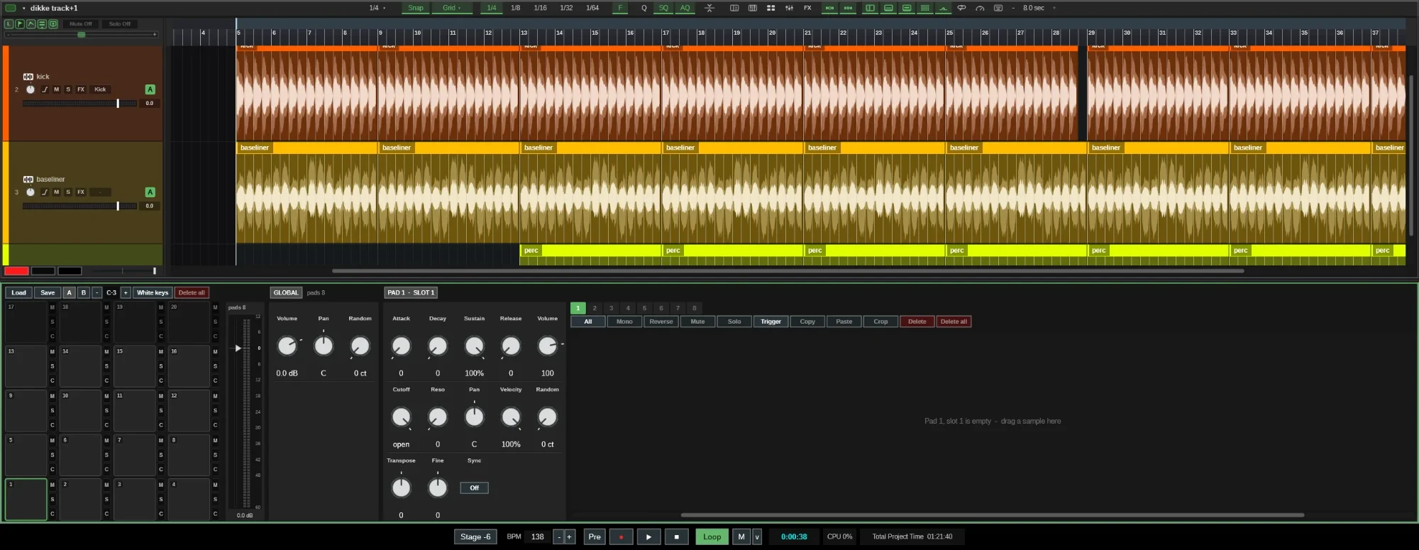 BALAI with the arrangement on top and the pad sampler below, showing ADSR, filter and tuning controls
